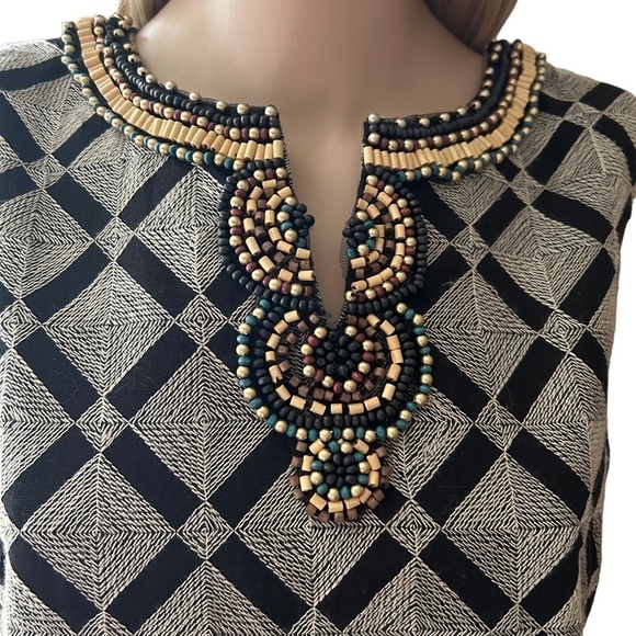 Ellen Tracy Shift Dress Tribal Beaded Boho Woven Geometric Linen Cotton Blend - Picture 4 of 14